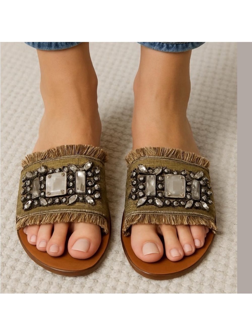 CROWN VINTAGE sandals Glorianna boho woven & embellished ‘stones’ tan size 7.5M
